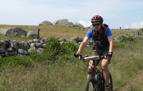 Cycling through meadows, stone walls...